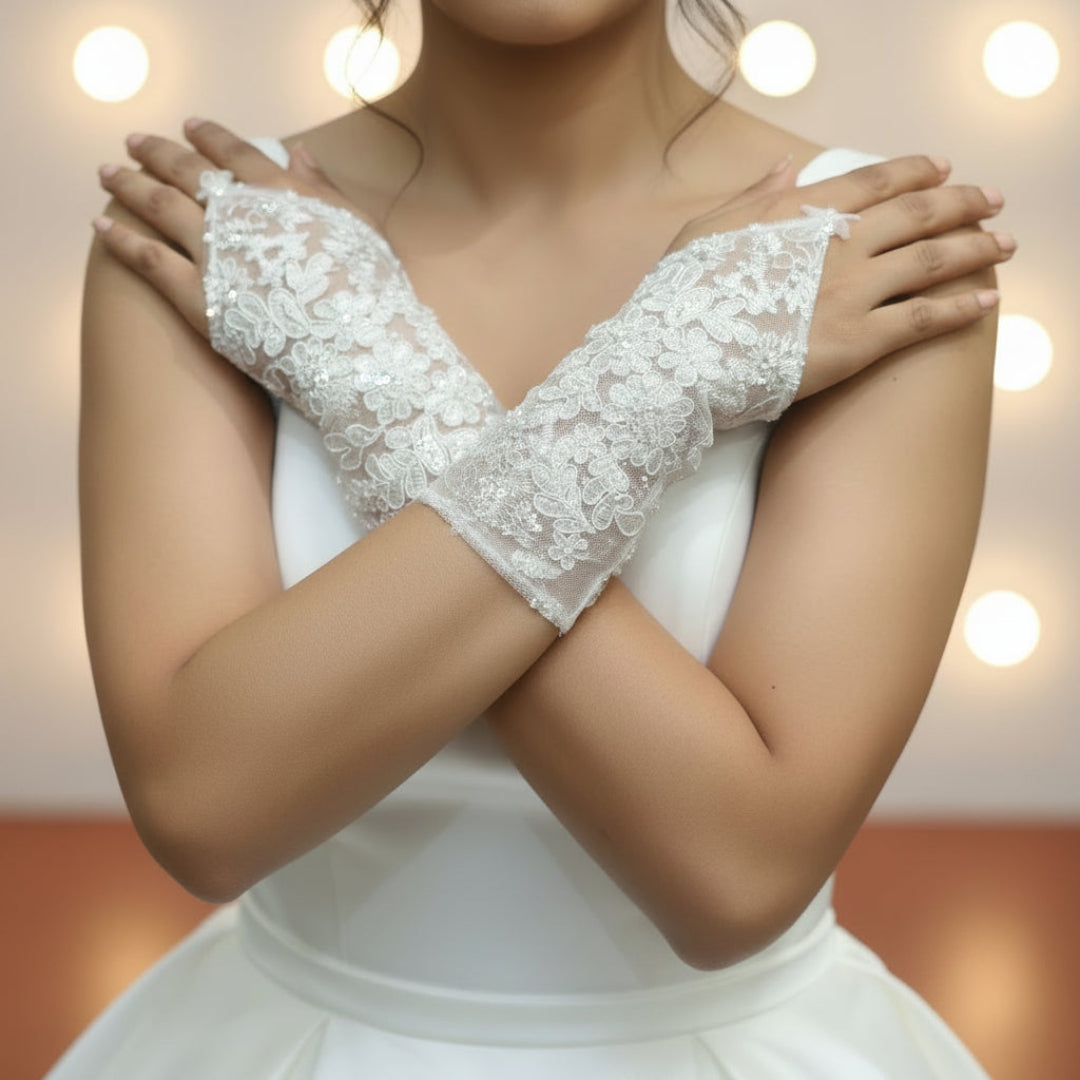 Close-up of pearl or crystal detail on Pearl Bridal Gloves — GownLink G112