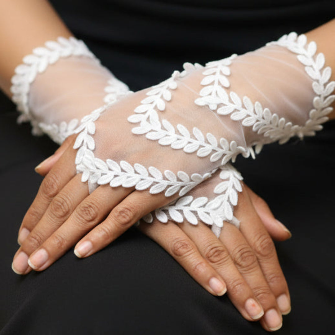 Close-up of pearl or crystal detail on Pearl Bridal Gloves — GownLink G19