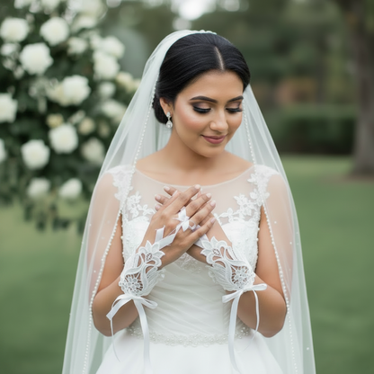 Close-up of pearl or crystal detail on Pearl Bridal Gloves — GownLink G21