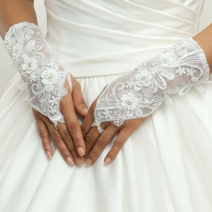 Side view of Pearl Bridal Gloves showing fit and length — GownLink G110