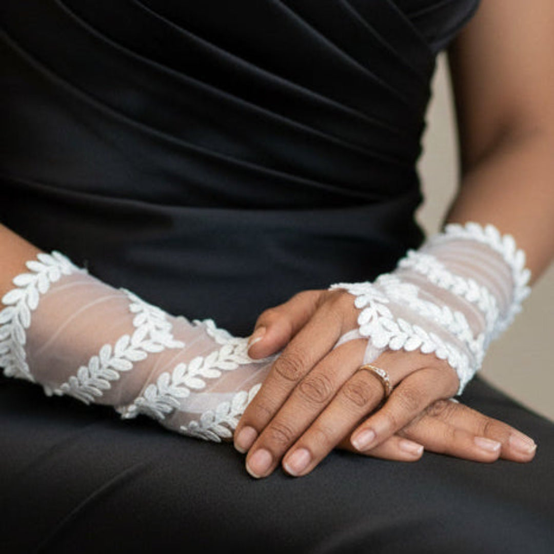 Side view of Pearl Bridal Gloves showing fit and length — GownLink G19