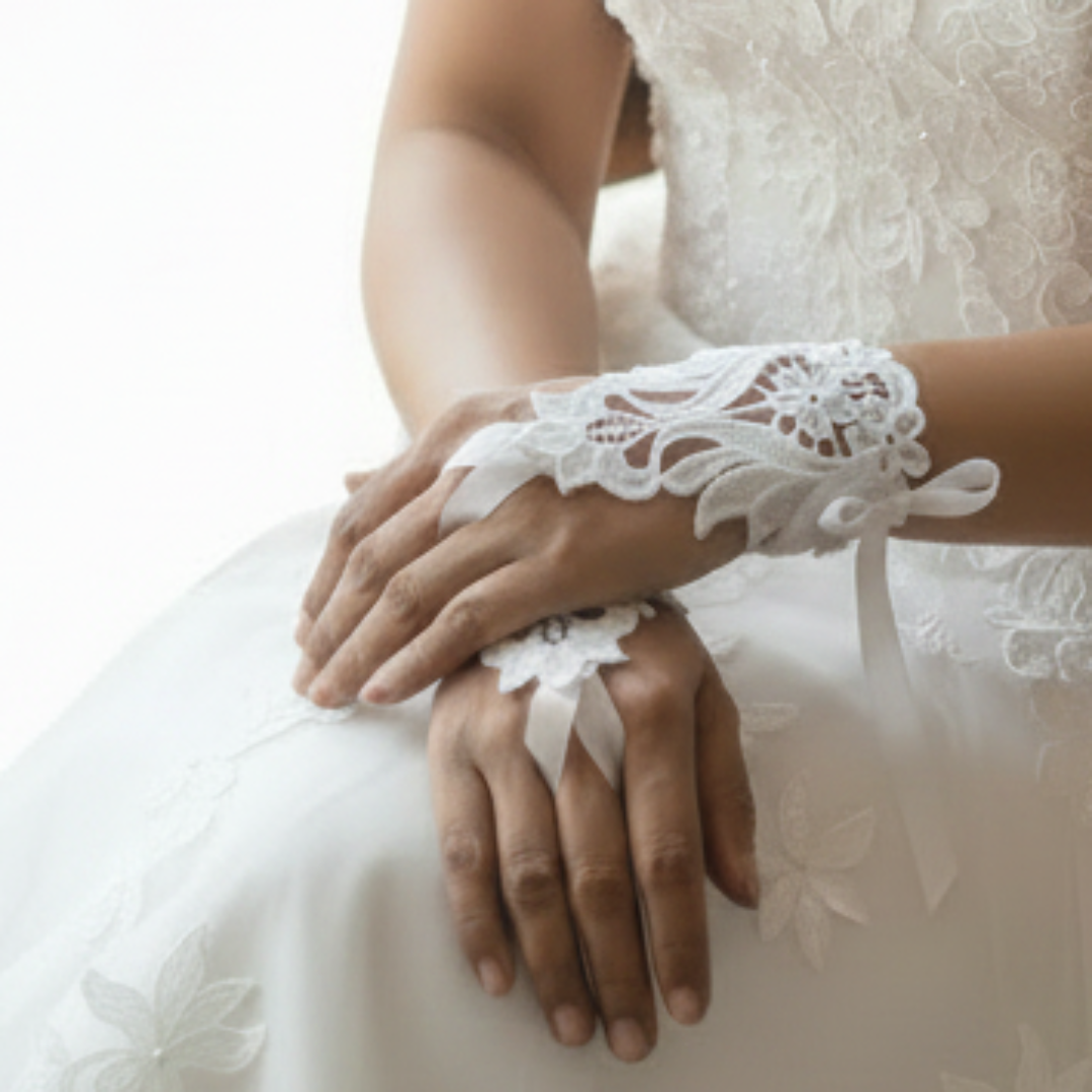 Side view of Pearl Bridal Gloves showing fit and length — GownLink G21