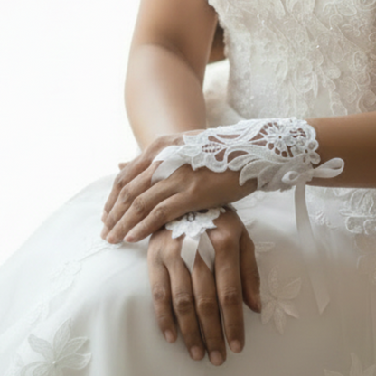 Side view of Pearl Bridal Gloves showing fit and length — GownLink G21