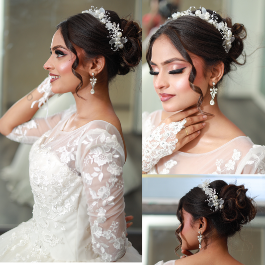 Front view of Pearl Bridal Wreath on model — GownLink W104