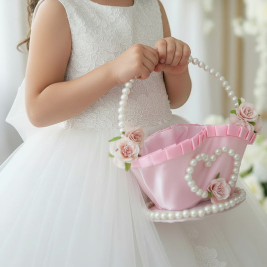 Pink satin ring bearer basket with pearl beaded handle, heart-shaped pearl accent, and blush rose flower embellishments