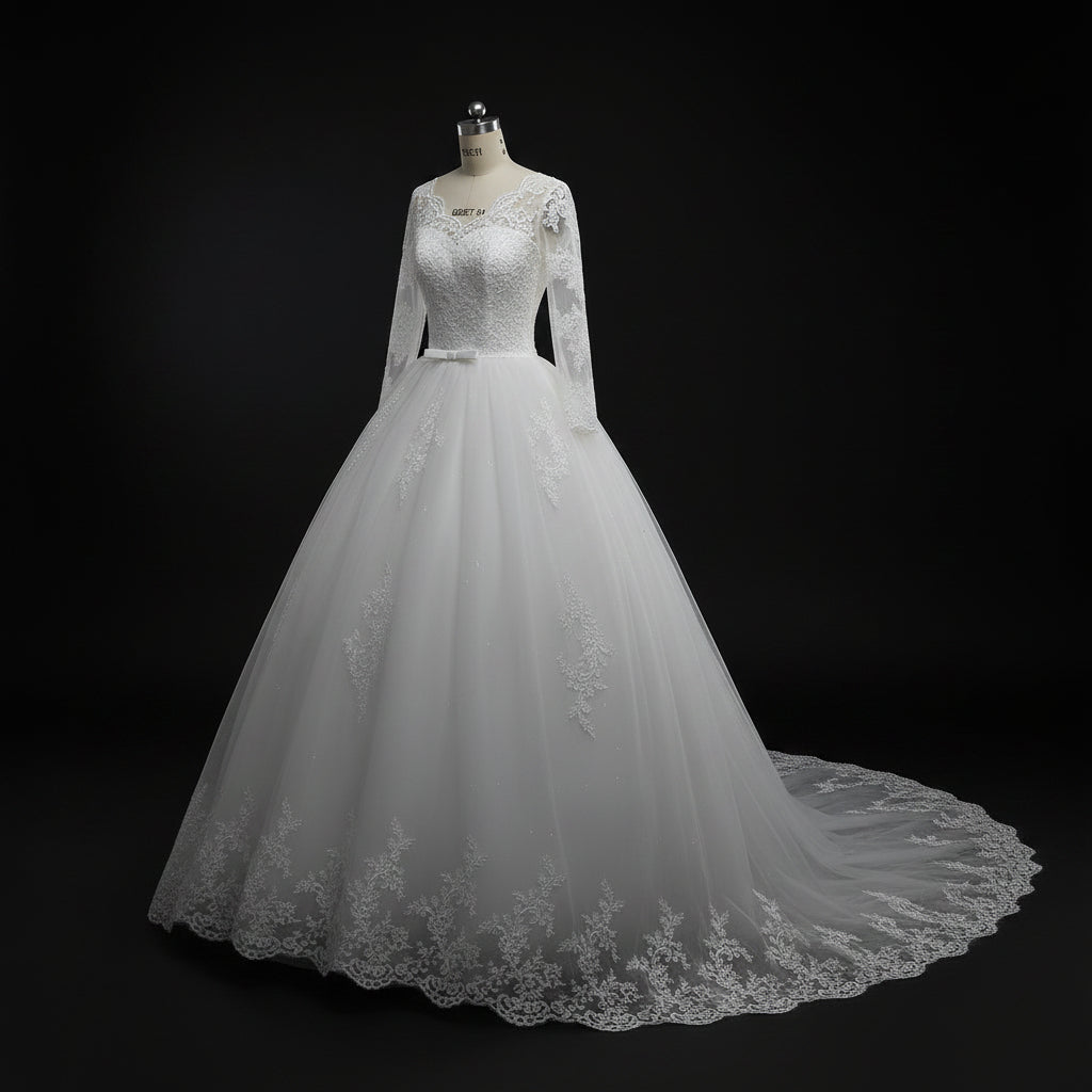 Premium Christian ball gown featuring elegant lace embroidery and classic bridal styling
