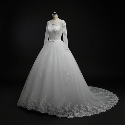 Premium Christian ball gown featuring elegant lace embroidery and classic bridal styling