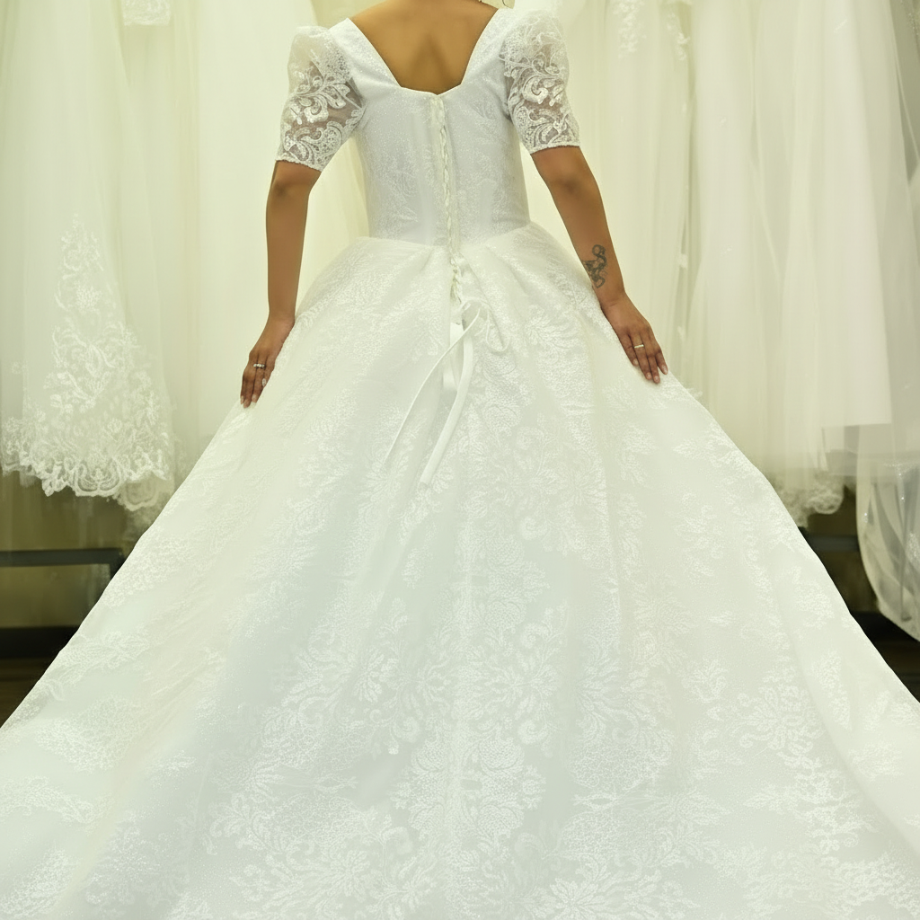 Hem and train lace detail on White Bridal Gown Sparkle with Train — GownLink GLGT166T