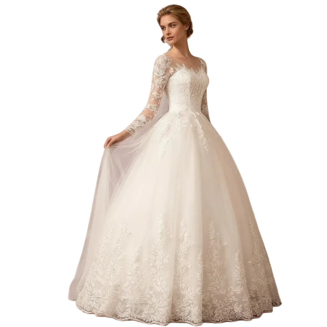 Detail of neckline and bodice on White A-Line with Sleeve Detail — GownLink GLTD51B