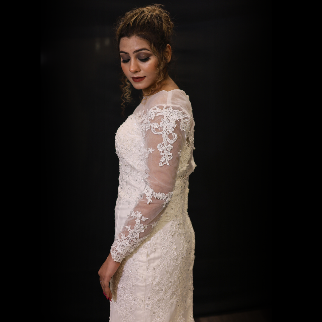 Premium Christian mermaid wedding dress with embroidered lace bodice and delicate tulle train