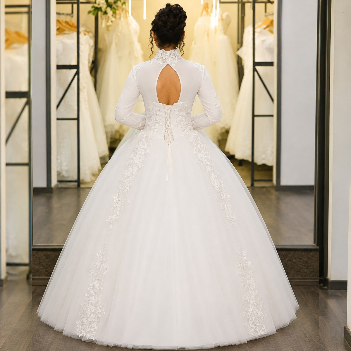 Detail of neckline and bodice on White Princess — GownLink GLHL2311