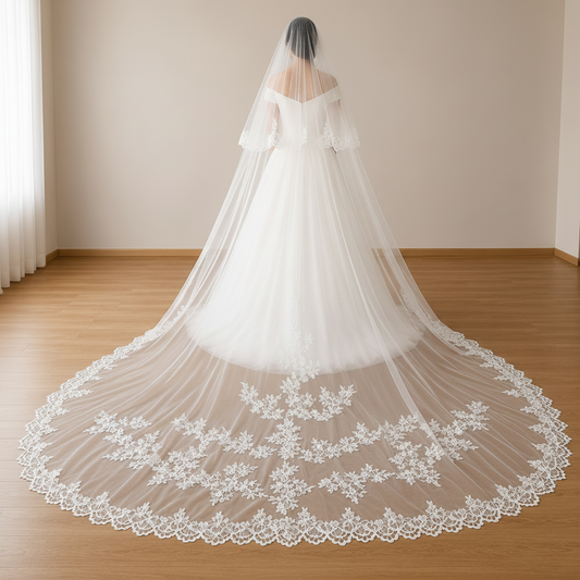 Long Christian wedding veil with embroidered lace and cathedral train.
Christian wedding veil with lace-edged blusher for church brides