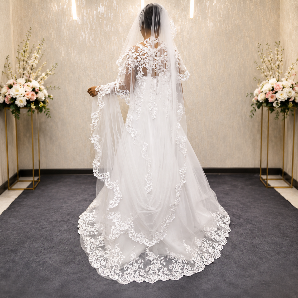 Elegant long wedding veil with scalloped lace border for brides
