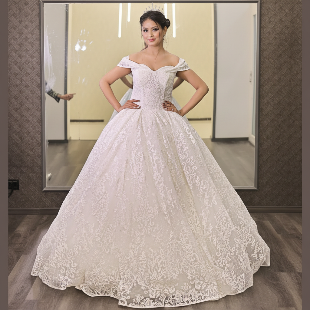 Full-length view of White Ball Gown with Off-Shoulder with train spread on floor — GownLink GLGF108