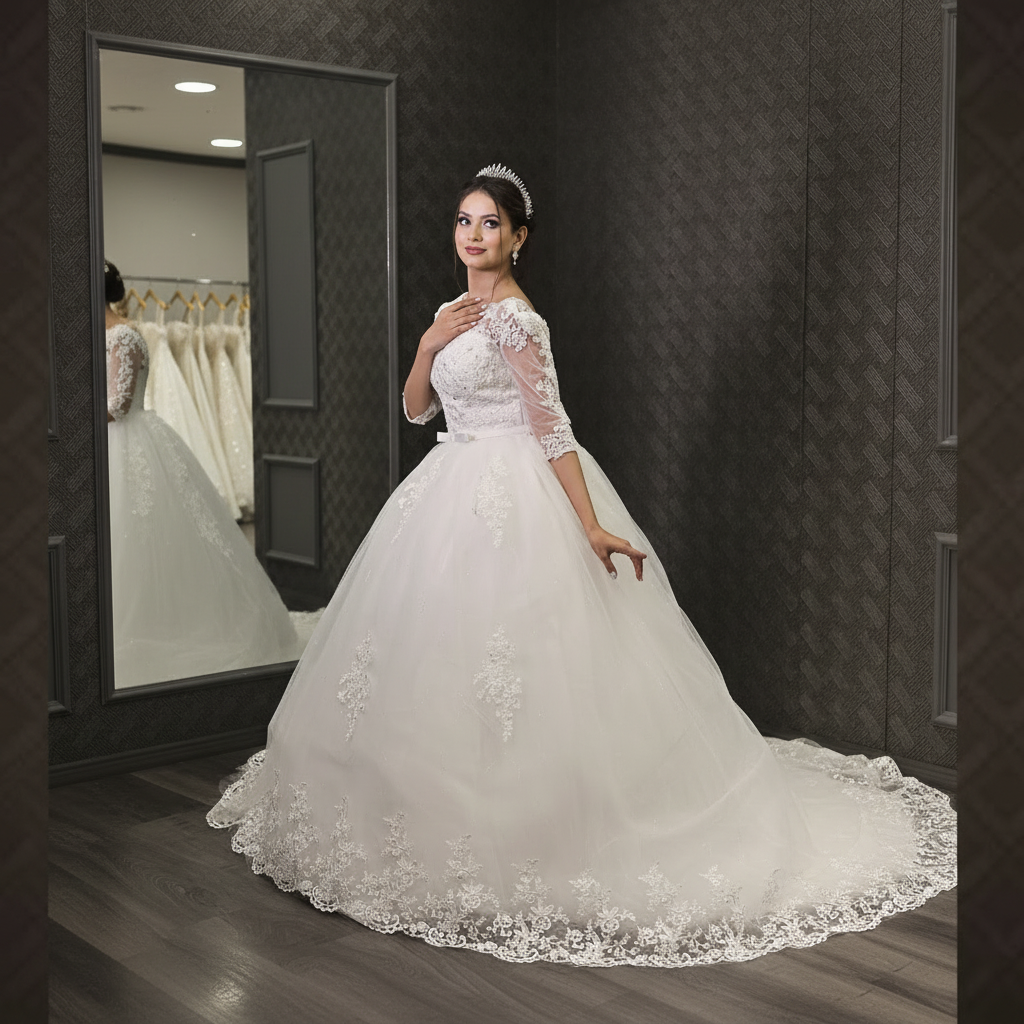 Princess-style Christian bridal gown with floral lace bodice, elegant half sleeves, and a luxurious cathedral train