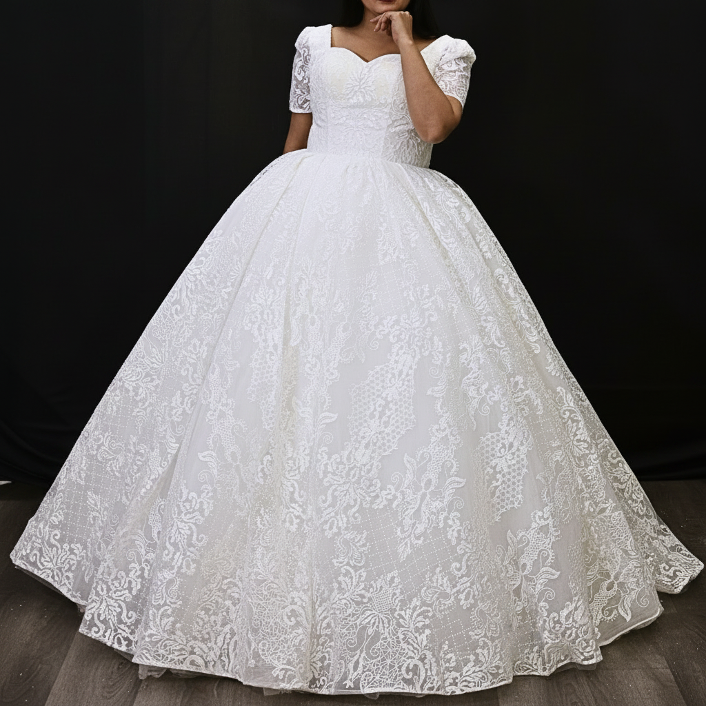 Hem and train lace detail on White Ball Gown — GownLink GLGT166B