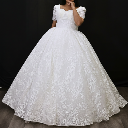Hem and train lace detail on White Ball Gown — GownLink GLGT166B