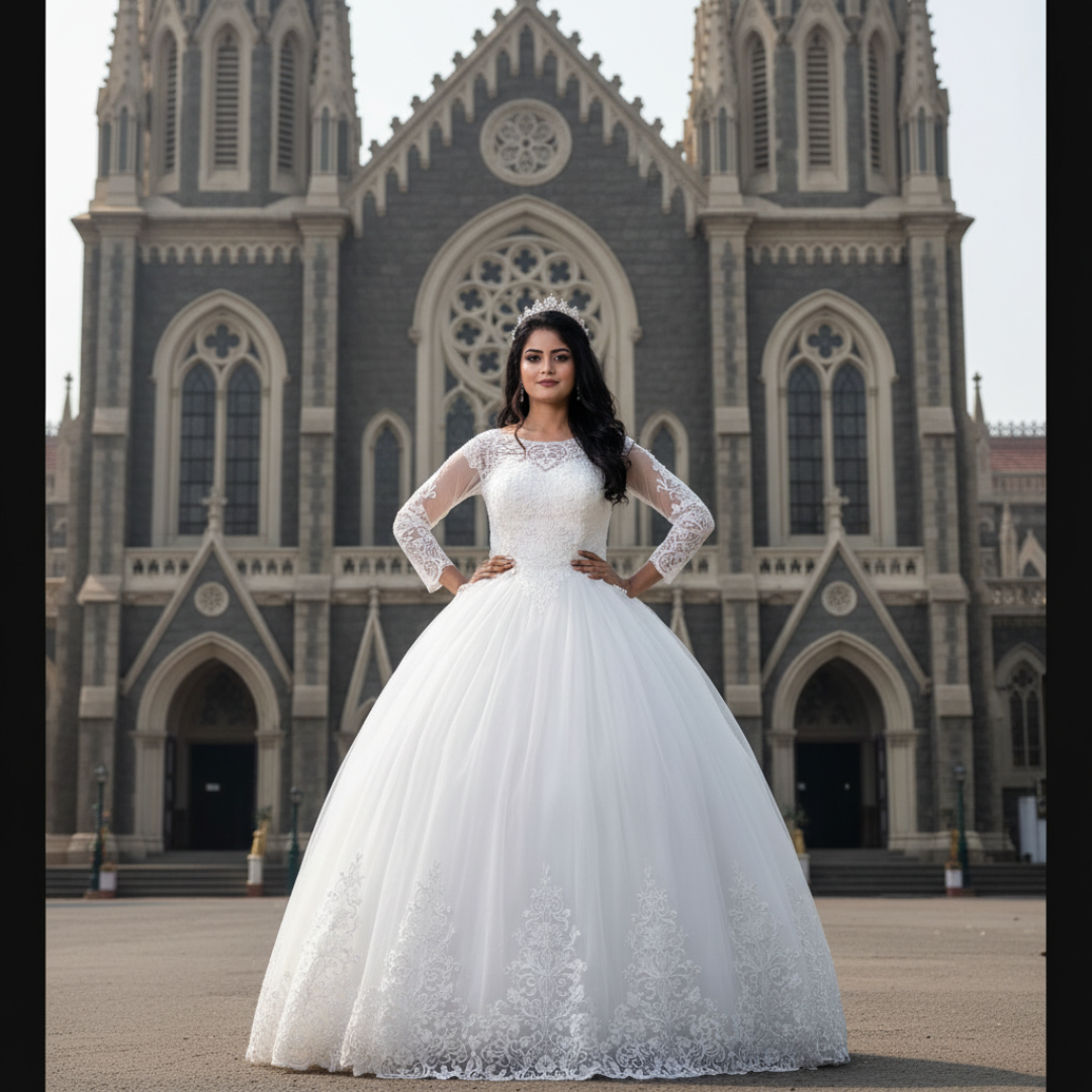 Princess bridal gown for church GL36CB for Christian & Catholic brides across Kerala, Goa, Mangalore, Tamil Nadu & North-East India, plus NRI brides in USA, UK & Gulf