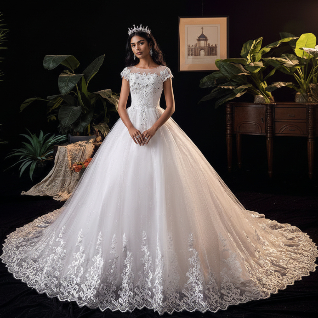 Bridal train gown with beaded lace GLHMD16050083T for Christian & Catholic brides across Kerala, Goa, Mangalore, Tamil Nadu & North-East India, plus NRI brides in USA, UK & Gulf