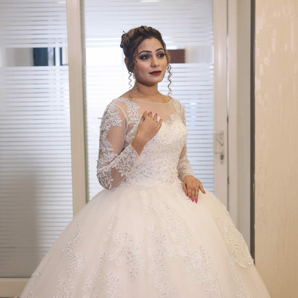 Princess-style bridal gown by GownLink with floral lace embroidery and a graceful cathedral-inspired design