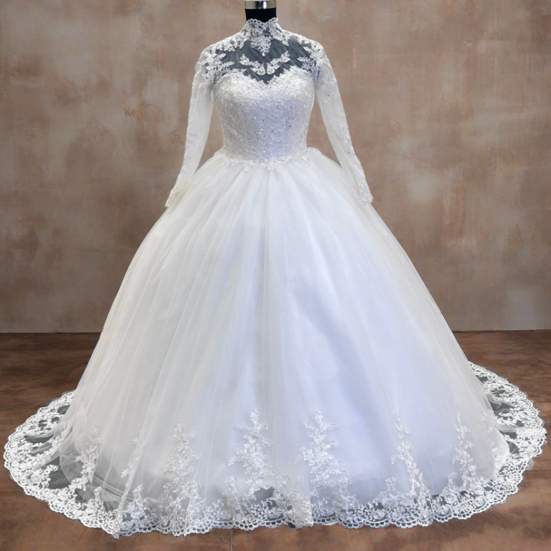 Sleeve detail close-up on White Bridal Gown with High Neck — GownLink GLW20T
