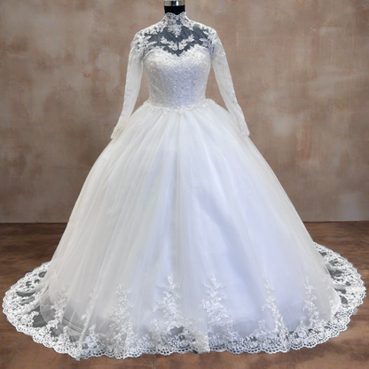 Sleeve detail close-up on White Bridal Gown with High Neck — GownLink GLW20T