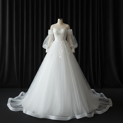 Princess-style Christian bridal gown with lace bodice, airy tulle skirt, and romantic long train