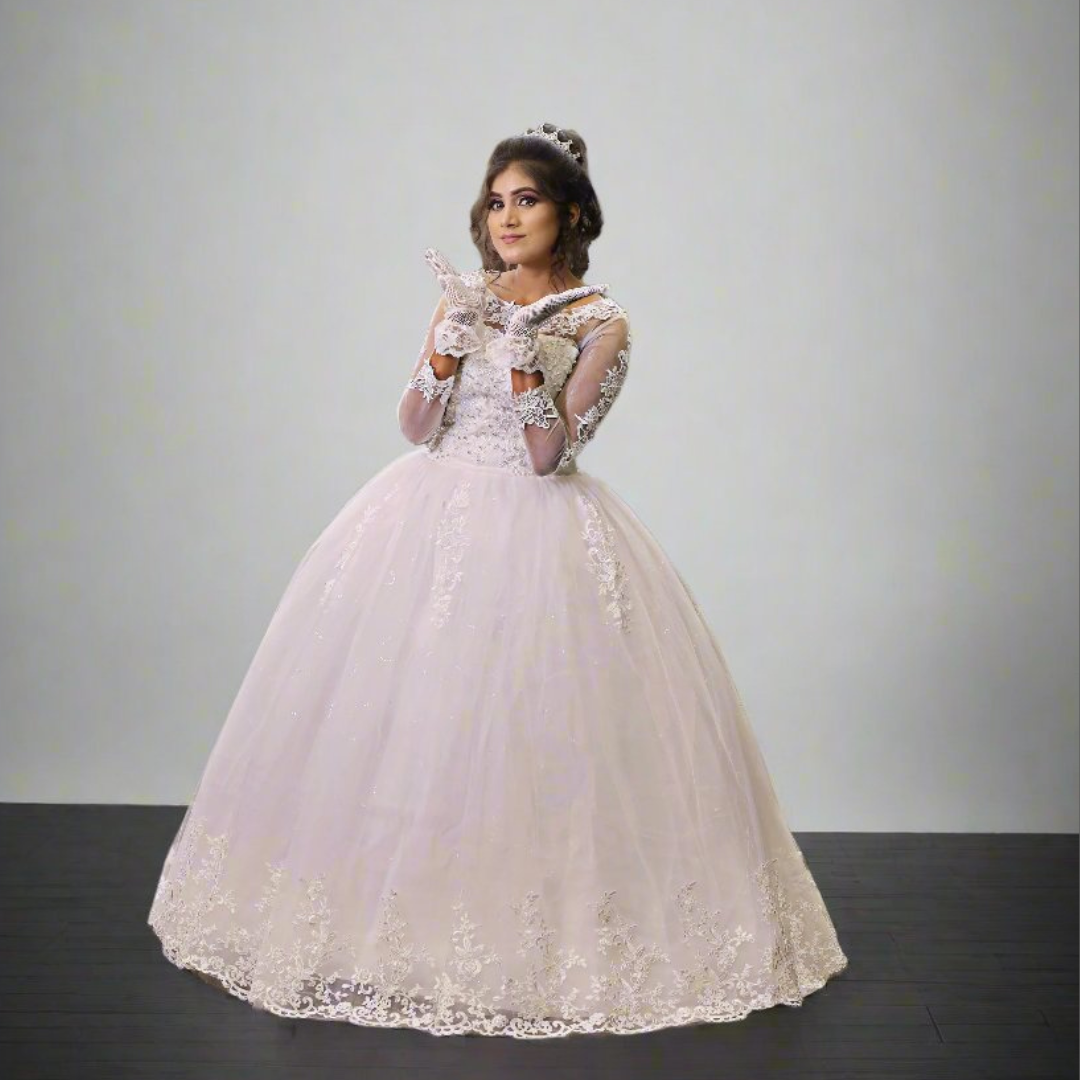 Side profile view of White Ball Gown showing silhouette — GownLink GLGF042