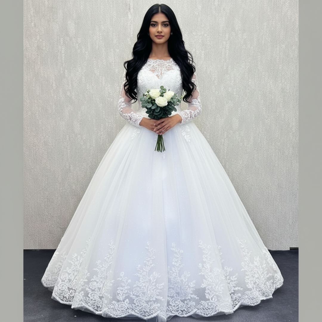 Romantic Christian wedding ball gown featuring floral lace appliqué and a graceful full skirt