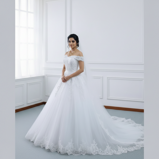 Romantic off-shoulder lace bridal gown with a voluminous skirt for a timeless Christian wedding