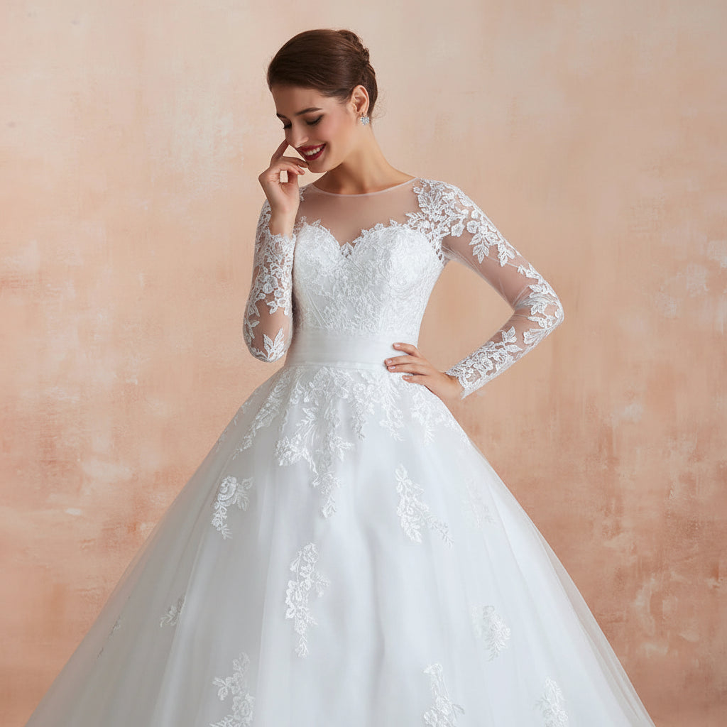 Romantic Christian church wedding dress with floral lace detailing and soft tulle layers