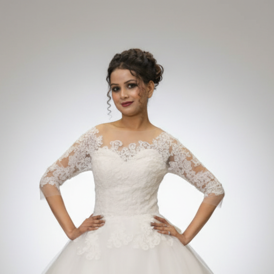 Classic Christian wedding ball gown with lace bodice, tulle skirt, and timeless bridal elegance