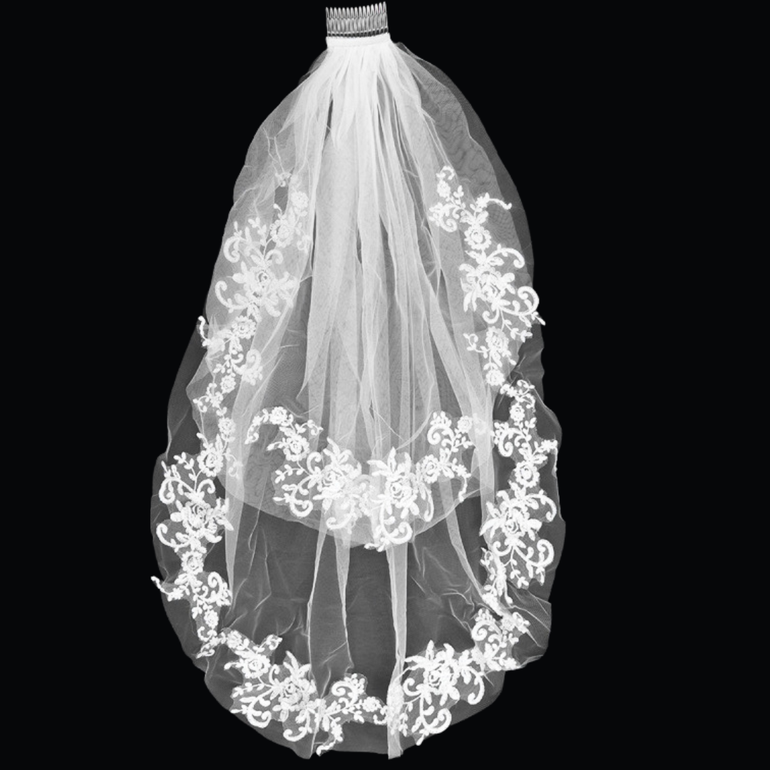 Back view of Short Bridal Veil showing full length and drape — GownLink GLVHM11