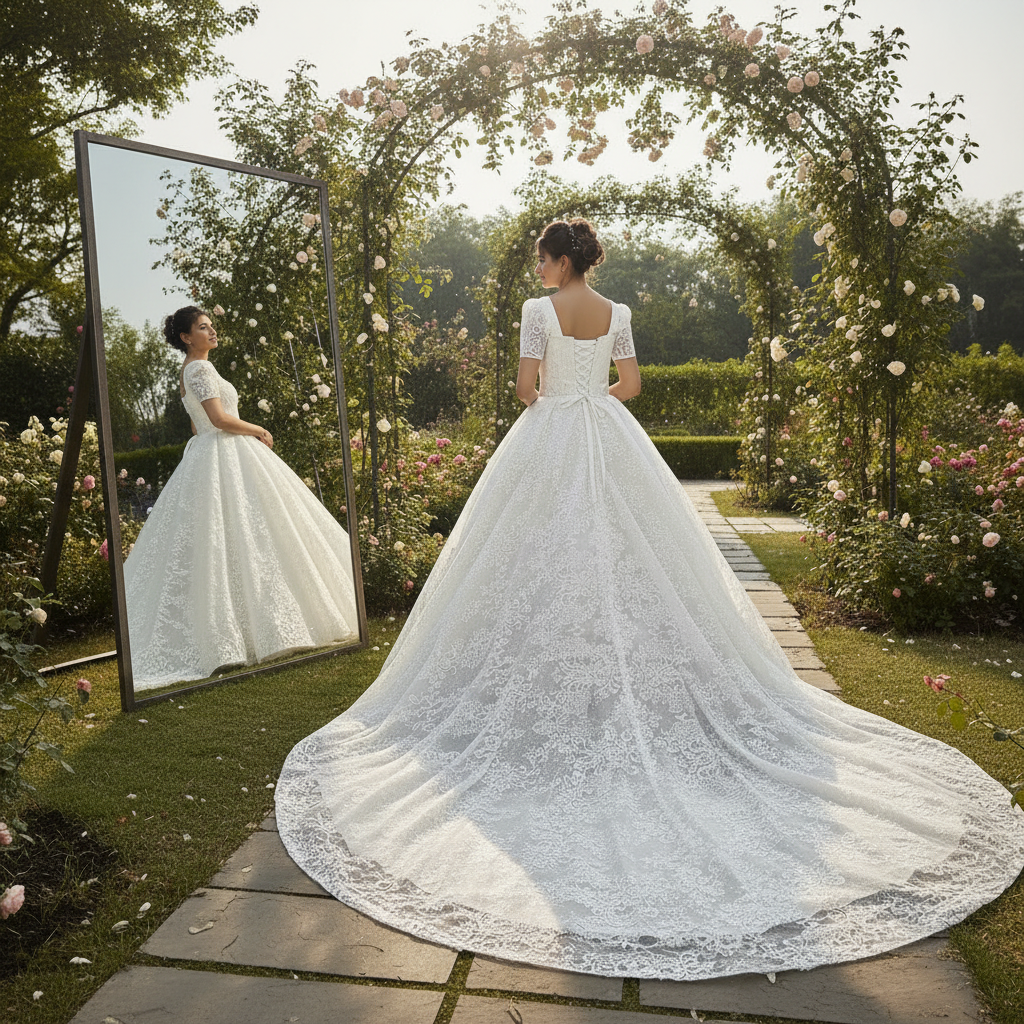 Close-up of lace and fabric detail on White Bridal Gown Sparkle with Train — GownLink GLGT166T