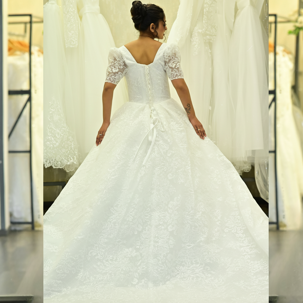 Side profile view of White Bridal Gown Sparkle with Train showing silhouette — GownLink GLGT166T