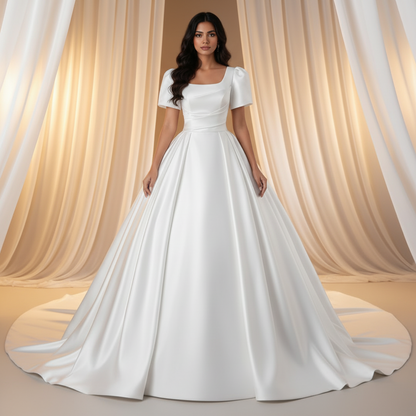 Front view of White Bridal Gown Satin with Train on model against studio backdrop — GownLink GLHMST8