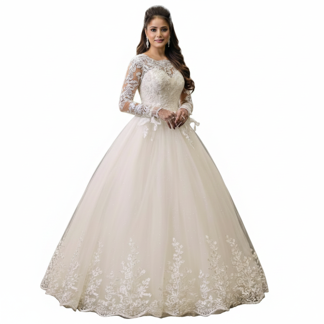 Signature GownLink Christian wedding ball gown with intricate lace details and luxurious princess silhouette