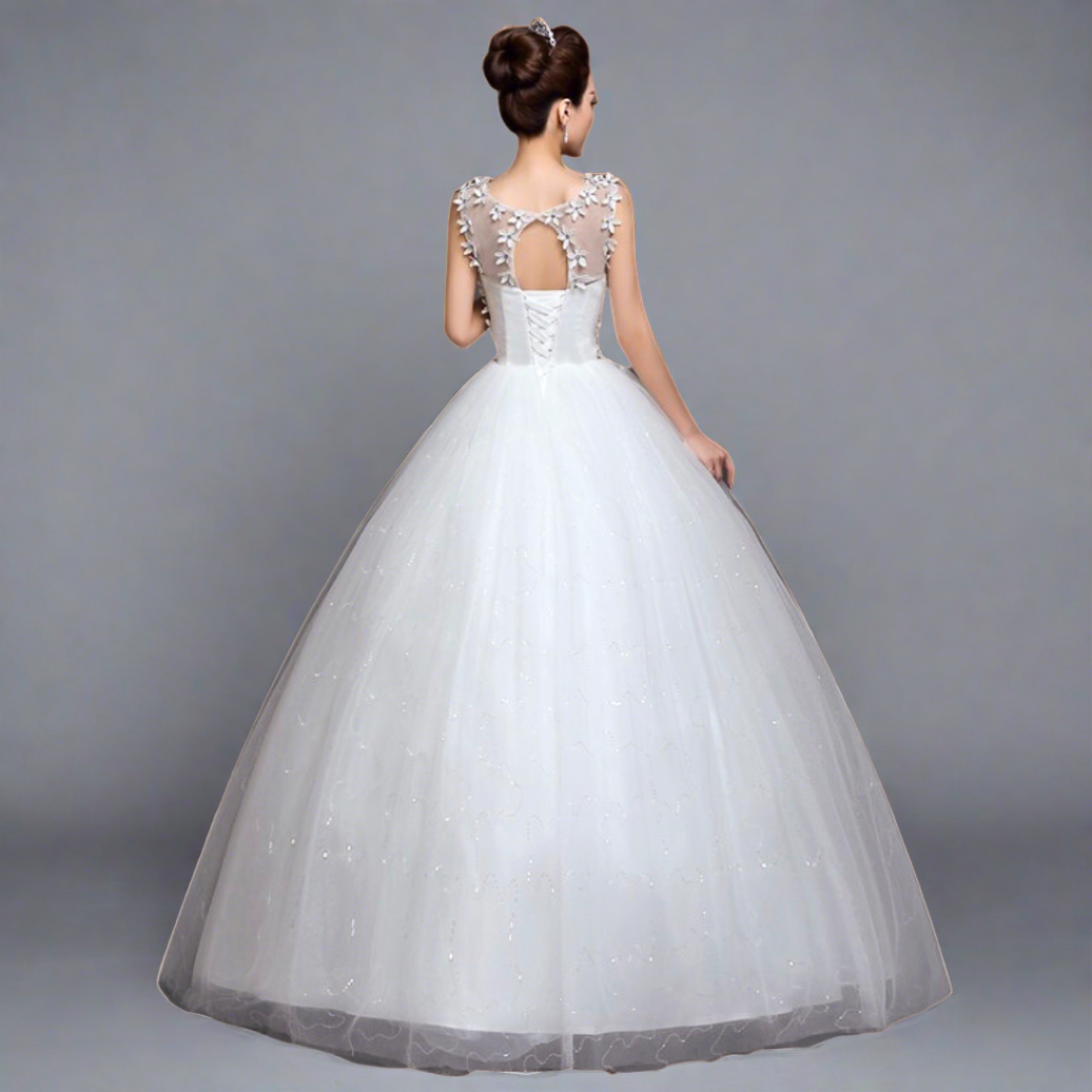 Close-up of lace and fabric detail on White Ball Gown Lace — GownLink GLTH58B