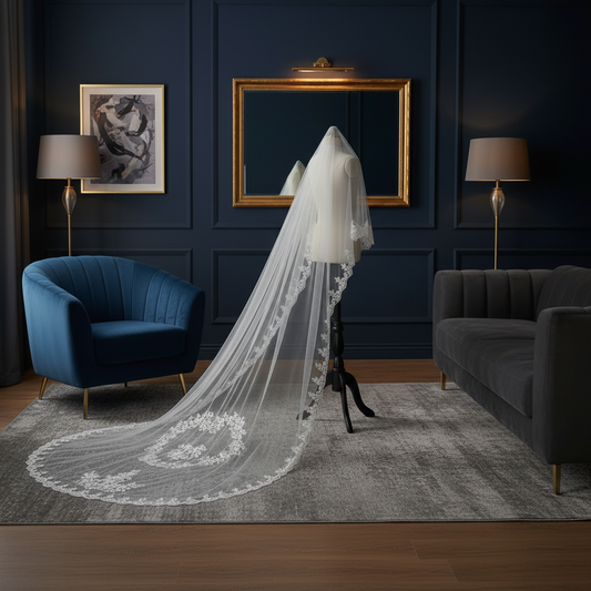 Premium Christian wedding veil in white tulle with floral lace appliques.
Cathedral Christian wedding veil with delicate lace embroiders