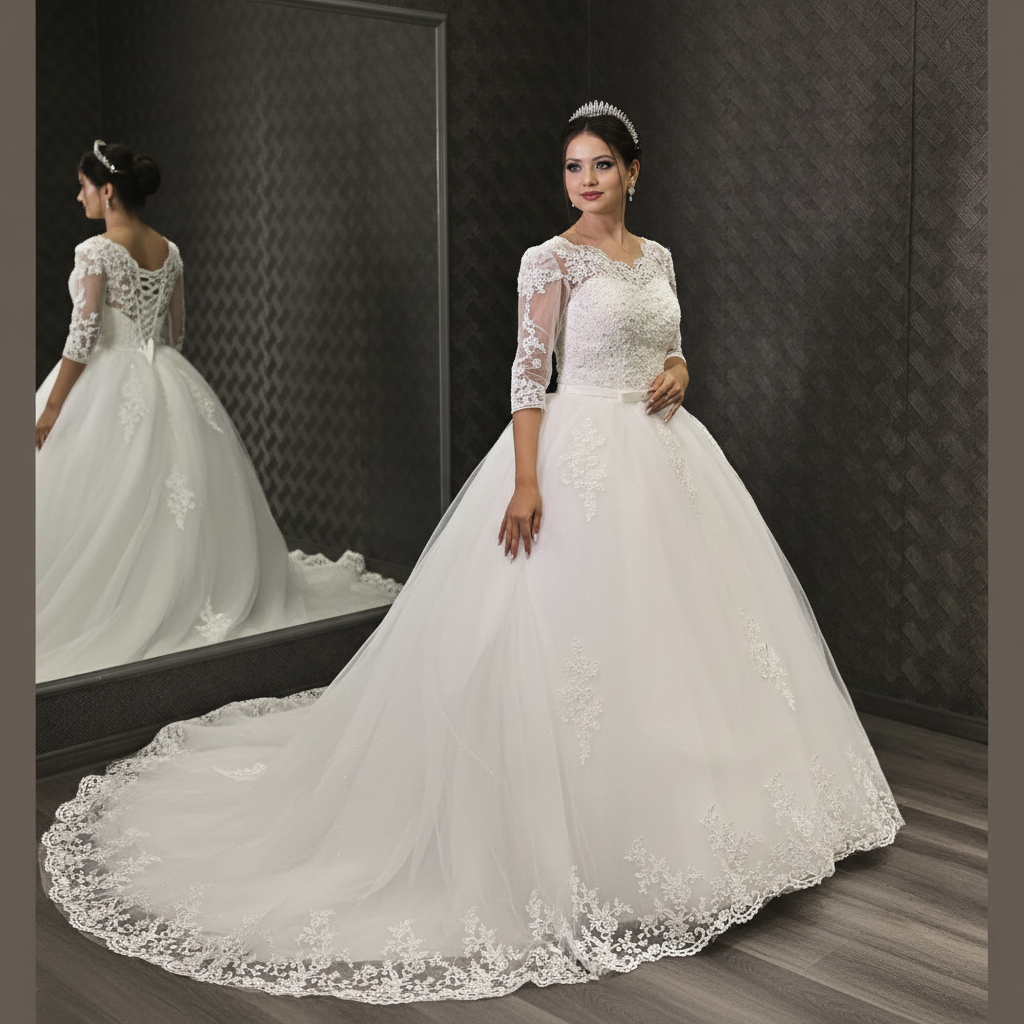 White Christian bridal gown featuring three-quarter lace sleeves and a full tulle skirt
