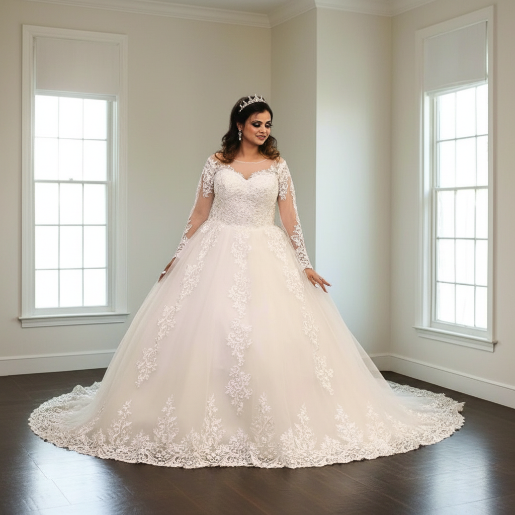 Timeless Christian ball gown with delicate lace detailing and elegant cathedral train