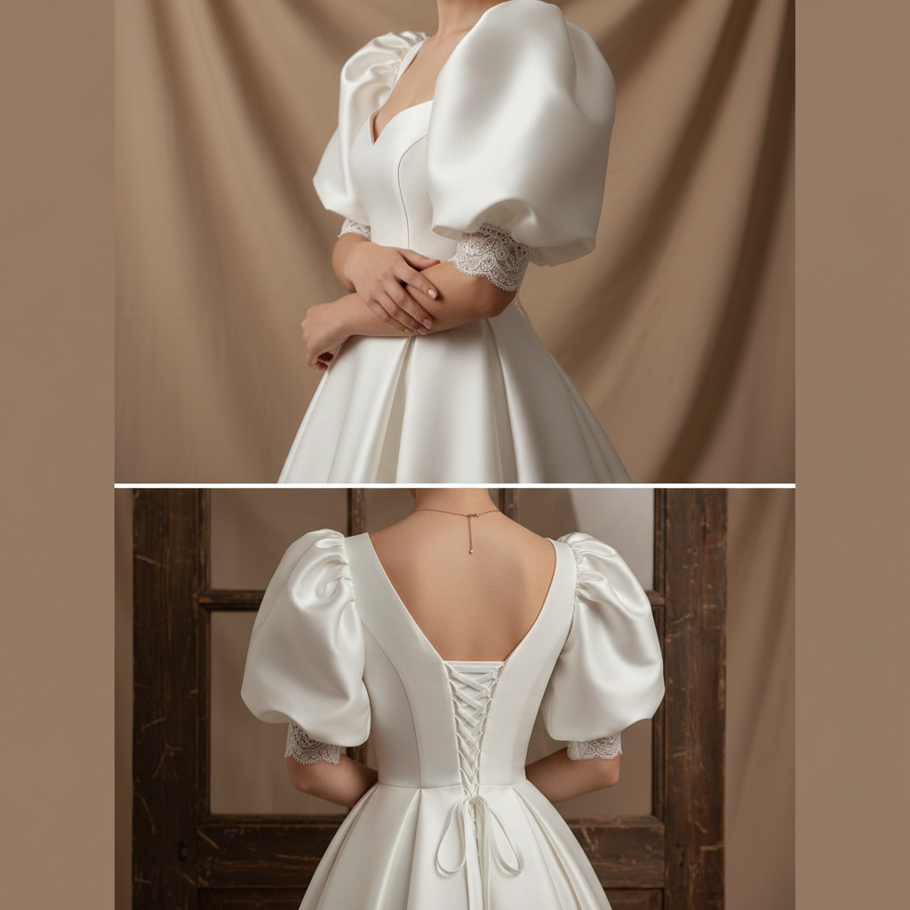 Sleeve detail close-up on White Ball Gown Satin — GownLink GLHMSB3