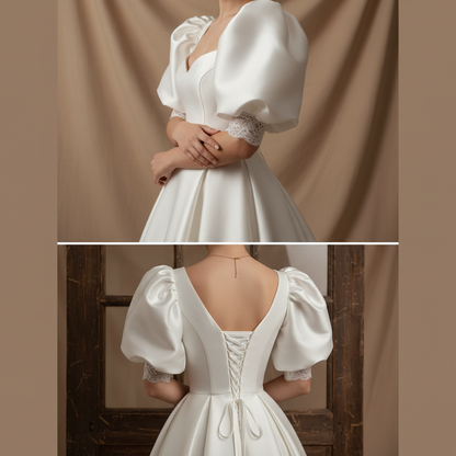 Sleeve detail close-up on White Ball Gown Satin — GownLink GLHMSB3