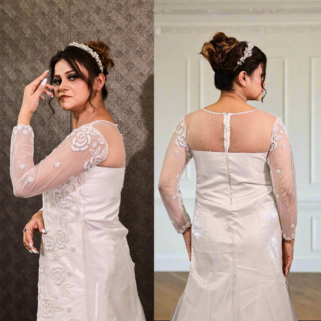 Front view of A-Line with Sleeve Detail on model against studio backdrop — GownLink GLHMA