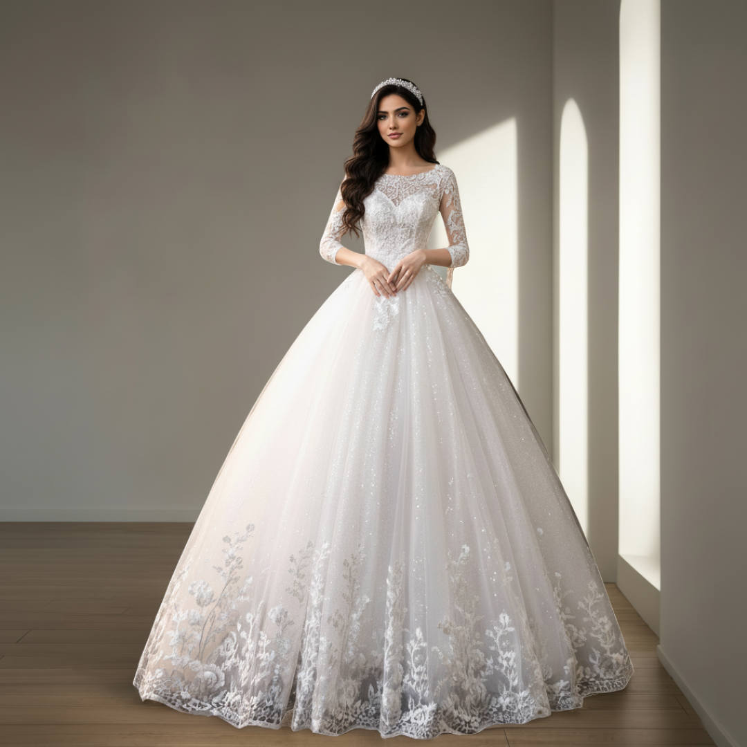Timeless lace princess bridal gown with elegant long sleeves and classic Christian styling