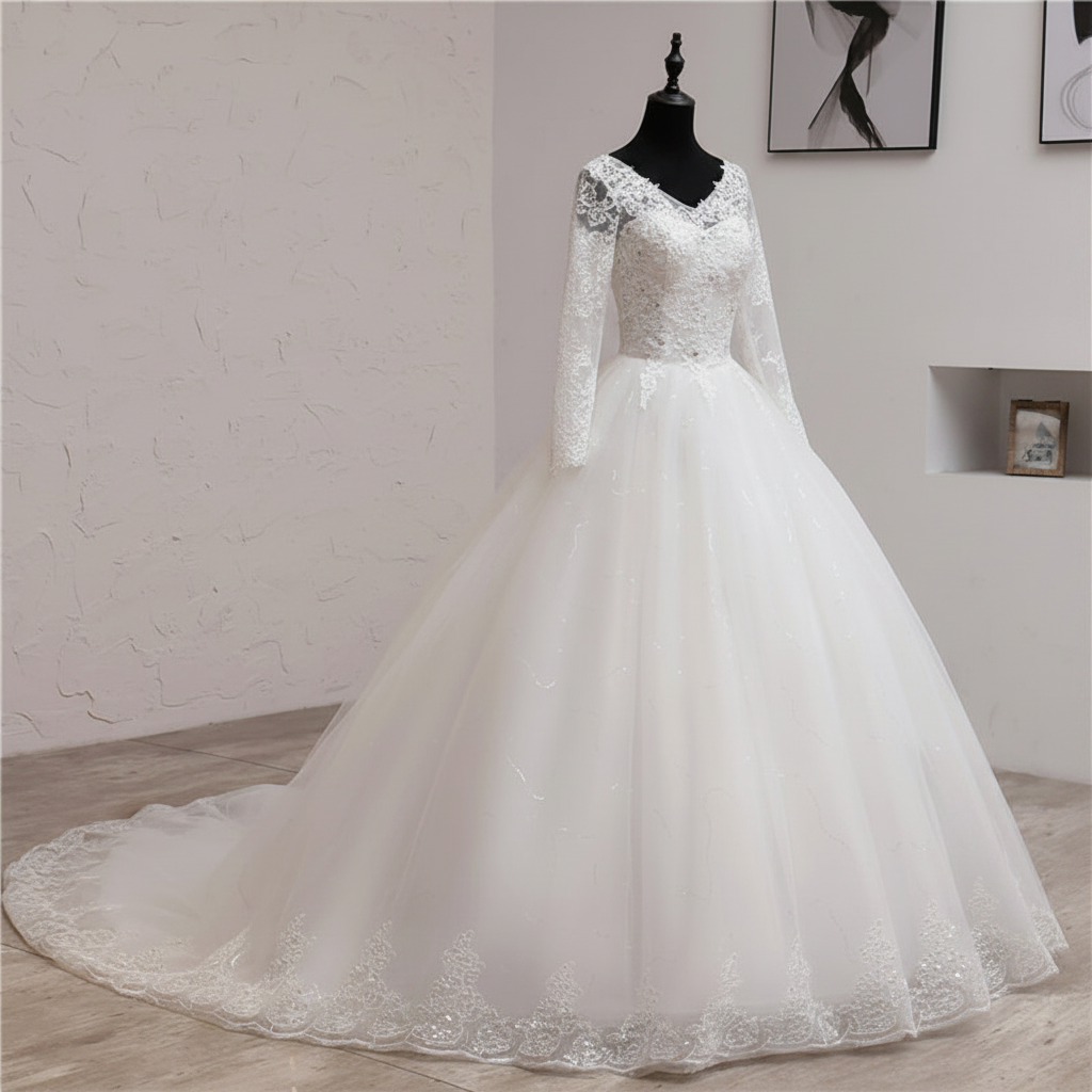 Timeless Christian wedding gown with long sleeves, floral lace details, and a romantic princess-style silhouette
