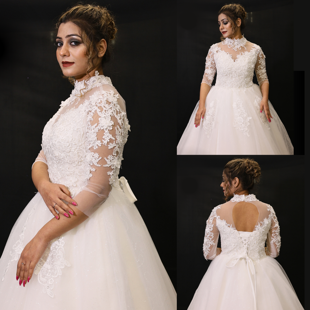 Hem and train lace detail on White Bridal Gown with High Neck — GownLink GLD68B