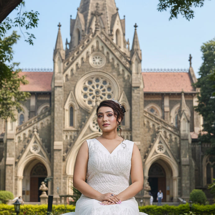 V-neck Christian wedding gown with fitted mermaid style and elegant train