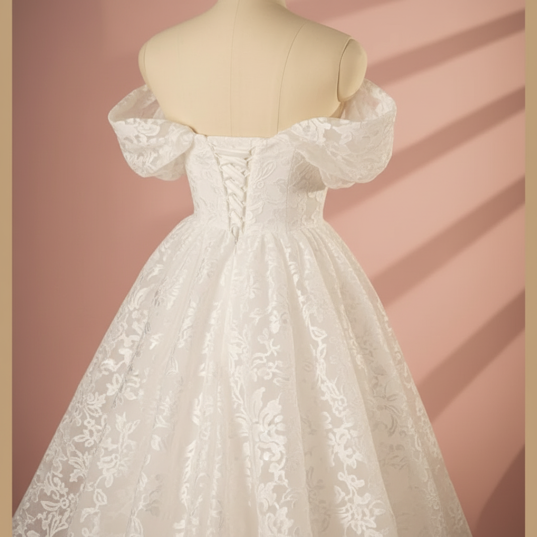 Back closure and button detail on White A-Line Sparkle — GownLink GLGT167