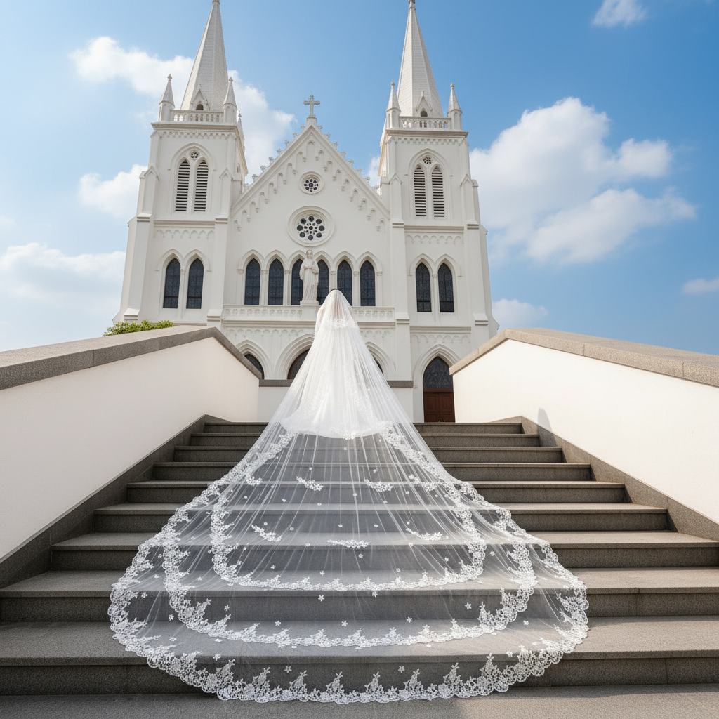 Back view of Long Bridal Veil showing full length and drape — GownLink GLJAV06654